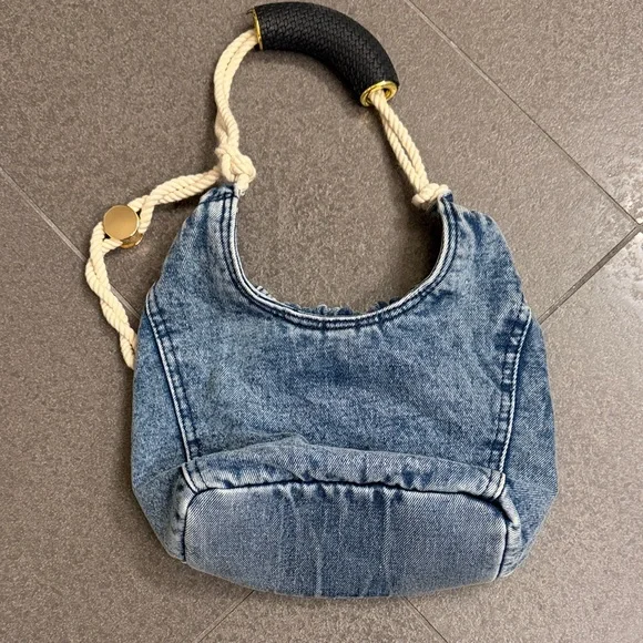 Denim Shoulder Bag with Rope Handle - Picture 3 of 6